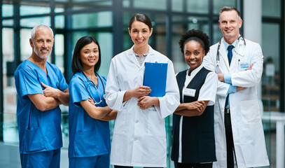 Doctor, nurse and portrait with arms crossed for teamwork together, professional or confidence....