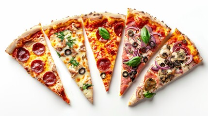 Top view of New York-style pizza slices arranged artistically, vibrant colors, isolated on white background, studio lighting, hyper-realistic textures