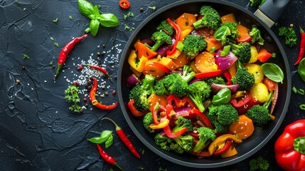 Top view of a vibrant vegetable stir-fry, highlighting bright, fresh vegetables in a sizzling pan, textures in sharp focus, raw studio lighting