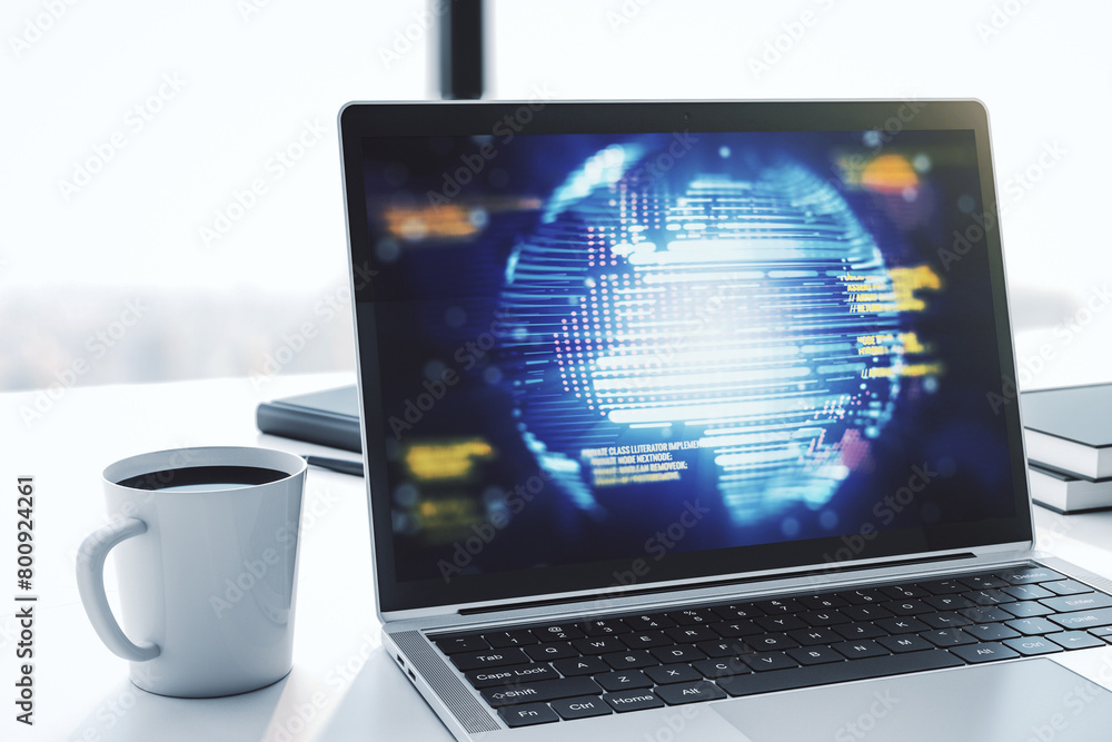 Leinwandbilder modern computer display with abstract software development hologram and world map, global research a