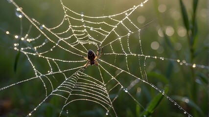 A spider spinning its web in the early morning dew, a masterpiece of perseverance. . 8k --ar 16:9 --v 6.0
