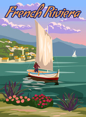 French Riviera Sailboat coast poster vintage. Resort, coast, sea, beach. Retro style illustration vector