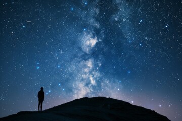 A lone figure standing on a hill, gazing up at the stars with wonder and awe, their silhouette a stark contrast against the deep blue, Generative AI