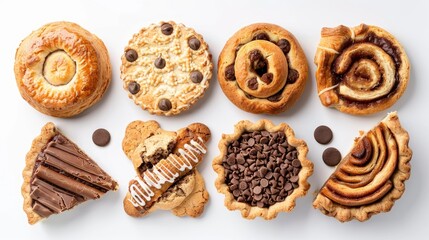 Top view of assorted freshly baked goods, featuring chocolate chip cookies, slices of apple pie, and cinnamon rolls on a pristine white background, studio lighting