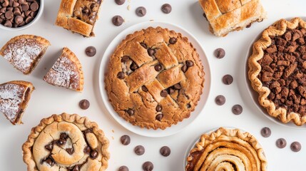 Top view of assorted freshly baked goods, featuring chocolate chip cookies, slices of apple pie, and cinnamon rolls on a pristine white background, studio lighting