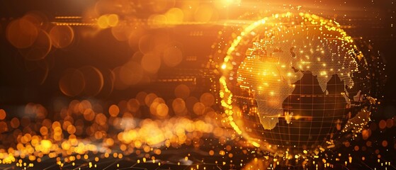 Golden globe with continents outlined in blockchain code, representing the global reach and impact of blockchain technology on the future of gold , golden