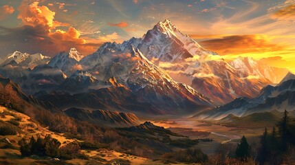 A majestic mountain vista, with snow-capped peaks towering over a tranquil valley, while a golden...