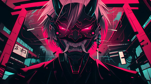 Captivating Oni Mask Anime Head Design in Neon Glow