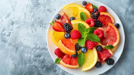 Summery fruit salad with citrus slices and berries, garnished with mint, served on a minimal white plate, capturing freshness