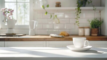 Fototapeta na wymiar cup of coffee in white kitchen, Generative AI,