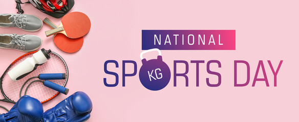 Composition with different sports equipment on pink background