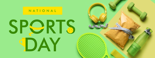 Composition with healthy snack, sports equipment and headphones on color background