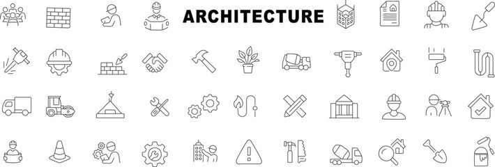 Architecture  line icons set. Tools, construction materials, plans, buildings symbols. Minimalistic style, clean line icon on white background