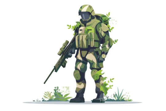Biomorphic Stealth Trooper : A soldier with a camouflaging exoskeleton, merging with the environment, on a pure white stage.