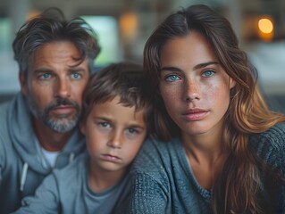 Obraz premium Stern Faced Parents Reprimanding Misbehaving Children in Tense Family Confrontation