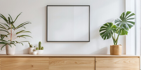  empty picture frame hanging on the wall in front of a modern wooden sideboard. black white frame mockup with plant on white wall with wooden sideboard