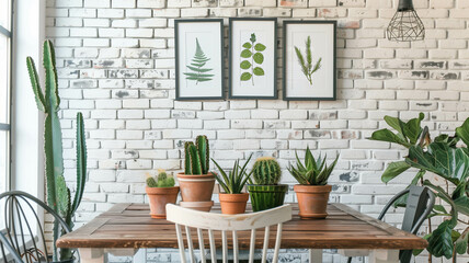 Fototapeta na wymiar A modern kitchen with stainless steel appliances complemented by a trio of botanical prints in gold frames. Ai generated
