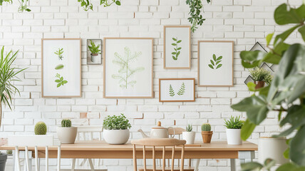 A modern kitchen with stainless steel appliances complemented by a trio of botanical prints in gold frames. Ai generated