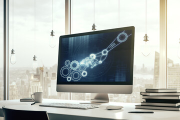 Creative abstract robotics technology sketch on modern laptop monitor, future technology and AI concept. 3D Rendering
