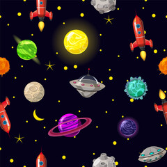 Space Seamless pattern planets, rockets and stars