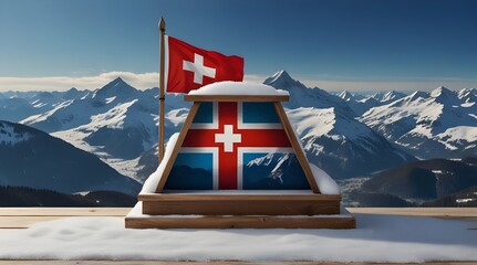 wooden shelf display table top against blue winter mountain panorama and swiss flag snow.generative.ai
