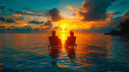 couple in love sitting on beach chairs and watching beautiful sunset on sea