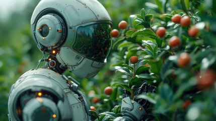 humanoid robot working in the greenhouse with seedlings