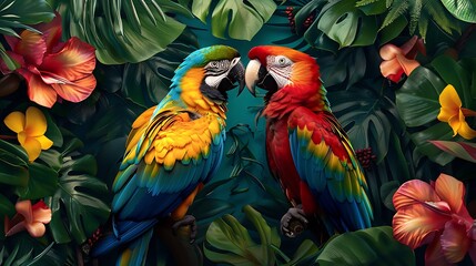 A pair of colorful parrots engaged in a tender courtship ritual, beaks gently touching, amidst a riot of tropical blooms and emerald leaves