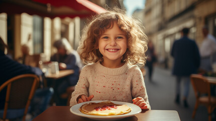 A little girl eating pancakes in Paris, smiling child in a cafe on a small street near Eifel Tower, with pastry in hands, authentic French food,  eating crepes, cute kid eating in France, travelling - Powered by Adobe
