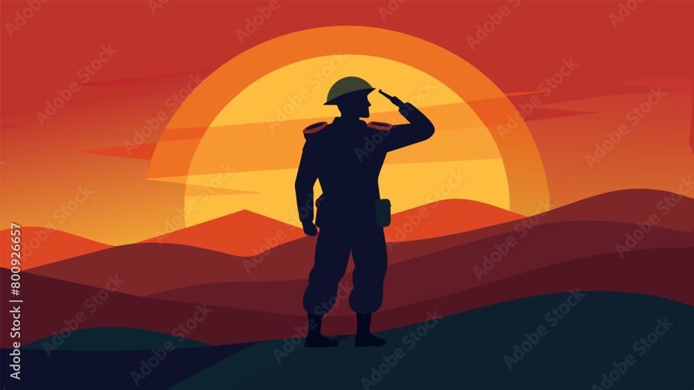 Poster sunset salute a dynamic image of a soldier saluting while in motion their shadow elongated against t