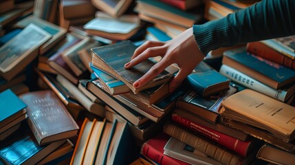 Obraz premium A close-up of a hand reaching for a book on a pile of novels, highlighting the joy of discovering a new story or delving back into the pages of a beloved classic,