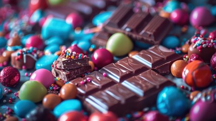 Sweet tasty chocolate bar on color background. World Chocolate Day concept. Sweet chocolates...
