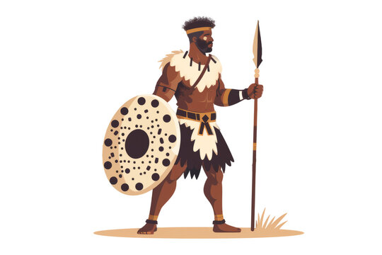 Zulu Impi: A powerful Zulu warrior, armed with an assegai and wearing a cowhide shield, on a minimalist background.