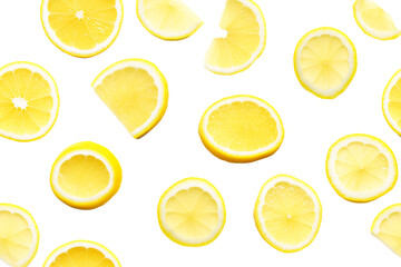 Slices of lemon in different shapes scattered over a transparent background, creating a fresh citrus pattern. Generative AI