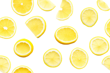 Slices of lemon in different shapes scattered over a transparent background, creating a fresh citrus pattern. Generative AI