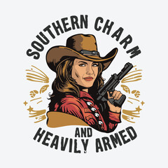 Southern Charm And Heavily Armed Vintage Western Cowgirl T-Shirt Design