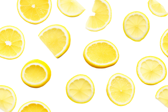 Slices of lemon in different shapes scattered over a transparent background, creating a fresh citrus pattern. Generative AI