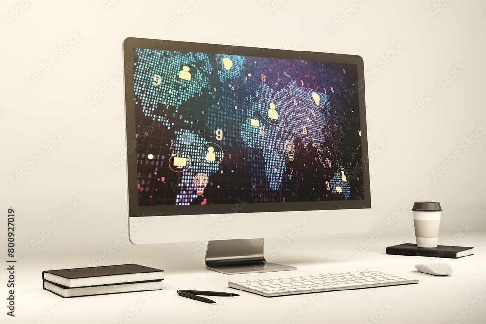 Fototapete modern computer screen with social network icons concept and world map. networking concept. 3d rende