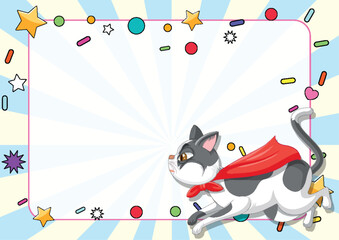 Cartoon cat in superhero costume with dynamic background.