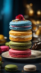 A delightful vertical stack of colorful French macarons, adorned with a pink rose on top for a touch of elegance