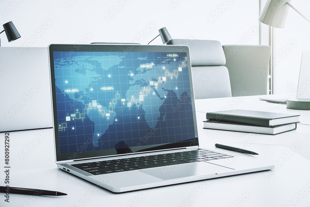 Poster abstract creative financial graph with world map on modern laptop screen, forex and investment conce