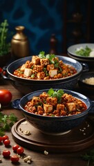 Fototapeta premium Traditional Mapo tofu served in a rich, spicy sauce in a deep blue bowl with herbs on top