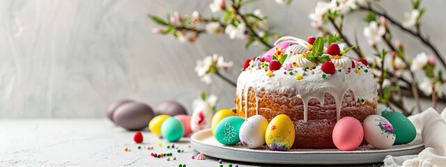 Easter cake and bright eggs on a festive Easter table, Generative AI,