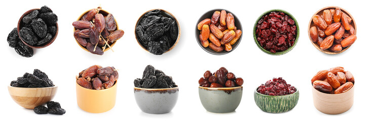 Set of different dried fruits on white background