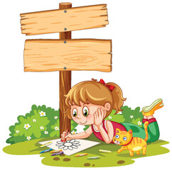 Young girl sketches beside a wooden sign and cat.