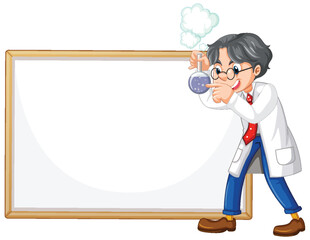 Cartoon scientist with beaker beside empty whiteboard
