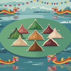 Duanwu holiday Minimal illustration of Dragon boat festival greeting poster. Generative Ai.