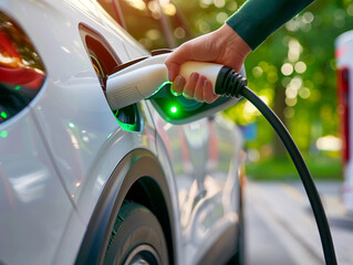 Person charging white electric car, female hand holding cable power supply pump with green light indicator, eco-friendly technology, sustainable life concept, modern automobile, reduce pollution