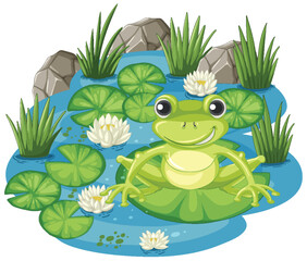 Cheerful frog sitting among lily pads and flowers.