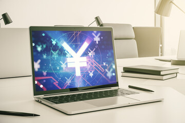 Creative Japanese Yen symbol illustration on modern computer monitor, forex and currency concept. 3D Rendering